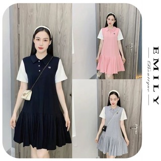 Đầm váy bầu xuân hè thiết kế dáng baby doll cổ sơ mi phối màu trẻ trung mặc đi làm đi chơi phong cách trẻ trung fre size