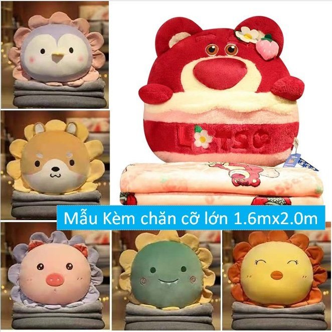 (Kèm chăn 2mx1m6) Chăn gối văn phòng gấu bông bánh kem gấu dâu, viền hoa, doremon 2in1(Gối_Chăn)