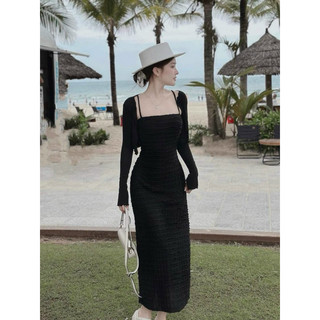 ĐẦM VÁY xu hướng dễ thương du lịch BIỂN CHẤT REN 2 DÂY MAXI KÈM ÁO KHOAVS TĂM GIẤY XĐ ĐEN , TRẮNG