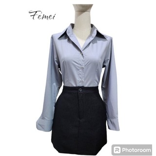 femei - Áo sơ mi xám tay dài chân váy đen ( size S )