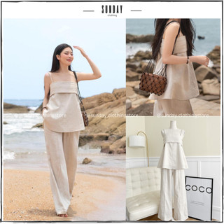 Set Linen 2 Dây Áo Hai Dây Xếp Ly Kèm Quần Ống Suông Linen Sang Chảnh Linen Set - Sunday Clothing SET001