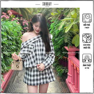 Set Đồ Caro Áo Trễ Vai Kèm Quần Ngắn Giả Váy Cá Tính Dễ Thương, Set Đồ Xinh Đi Du Lịch Agu Set - Sunday Clothing SET006