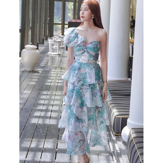 (42-58kg) Đầm maxi thiết kế cánh tiên, voan tơ hoạ tiết xanh, size S, L