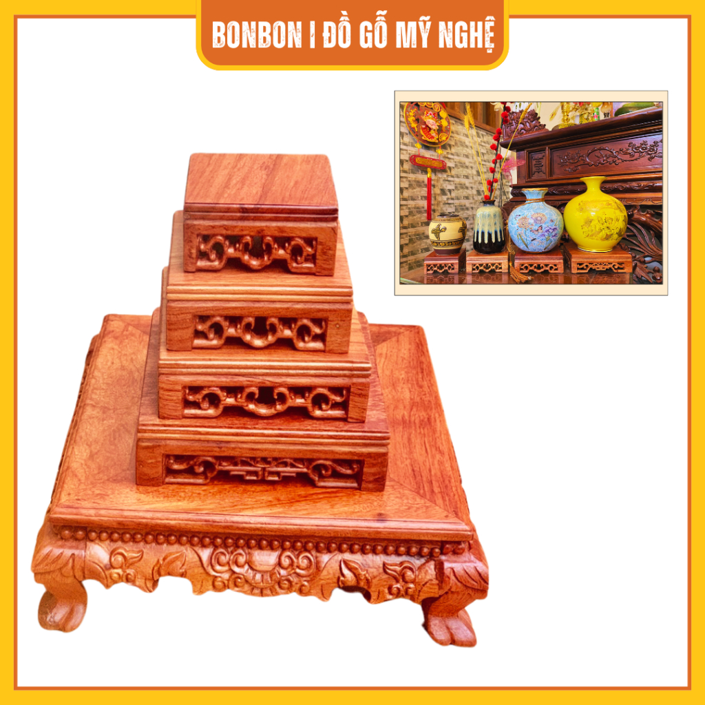 Đôn gỗ vuông, Đế gỗ để bát hương, chậu bonsai mini, tượng gốm, ấm trà chất liệu gỗ Hương siêu đẹp - 