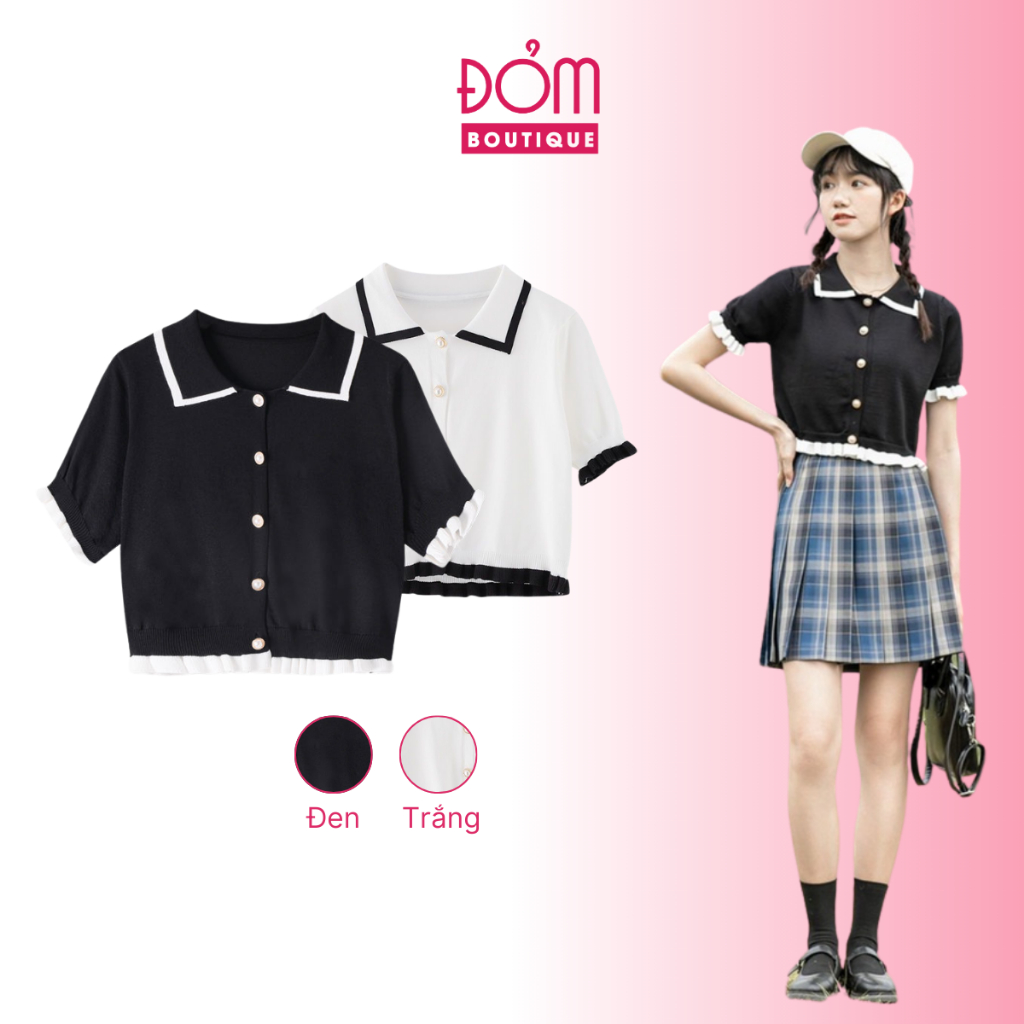 Áo Len Cộc Tay Nữ, Áo Len Croptop, Áo Len Sơ Mi Ngắn, Gấu áo xếp li, Khuy ngọc trai