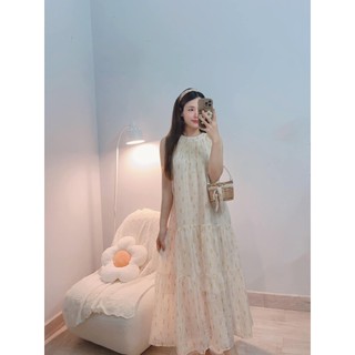 Đầm maxi hoa cổ yếm thiết kế 2 lớp