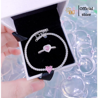  Bộ lắc tay + nhẫn bạc tim hồng hót 