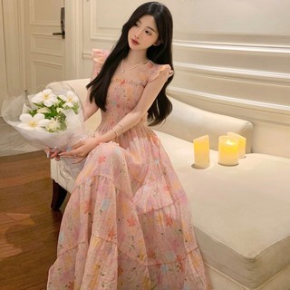 Đầm váy maxi hoa nhỏ màu hồng tươi tắn