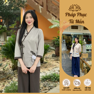  Set đồ đi chùa truyền thống vạt chéo thêu hoa vải đũi Pháp phục lễ chùa khuy tết Đồ lam nữ tay nỡ thắt nơ đi tu tập 
