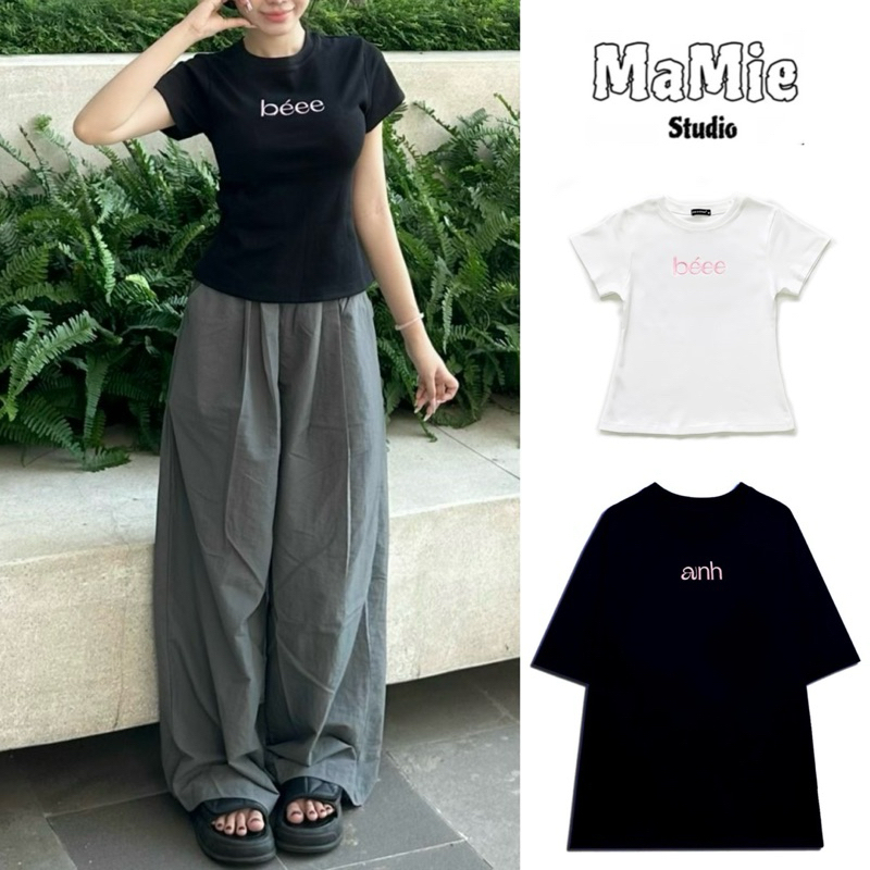 Áo thun cặp thêu chữ BÉEE cho nữ form body chất thun gân mỏng nhẹ MaMie unisex.sg