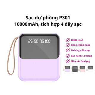 Sạc Dự Phòng Sendem P301 10000mAh Tích Hợp Sẵn Cáp Sạc, Có Led Báo Phần Trăm Pin HKDOTI