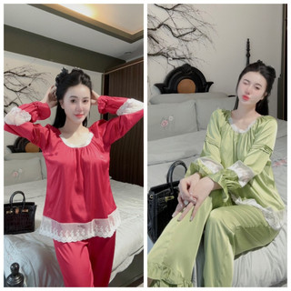 Đồ Bộ Tiểu Thư Mặc Nhà Cổ Tròn Phối Ren Trắng Chất Liệu Lụa Latin Mềm,Mặc Mát Free Size 40-58kg