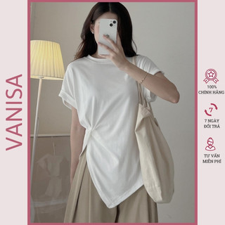 Áo Thun tay ngắn vạt chéo nữ kiểu xẻ tà trắng đen xinh đẹp co giãn 4 chiều VANISA CT057
