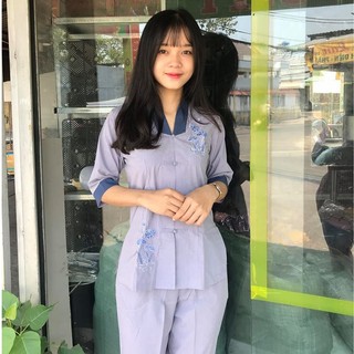 (LA HÁN PHỐI KATE) Bộ quần áo nữ Phật tử, đồ lam đi chùa mẫu la hán phối vải Kate