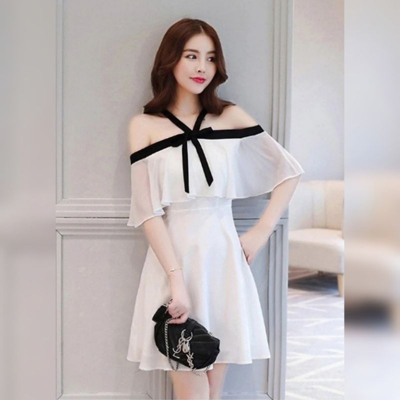 Đầm voan nữ váy voan trễ vai màu trắng phối đen