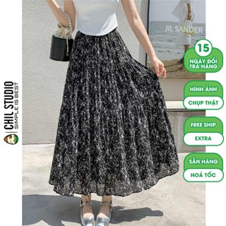 [Hàng QC-Sẵn Hoả Tốc] Chân váy hoa nhí xoè dáng dài quảng châu cao cấp vải voan nhăn 2 lớp cạp chun cao Chil Studio