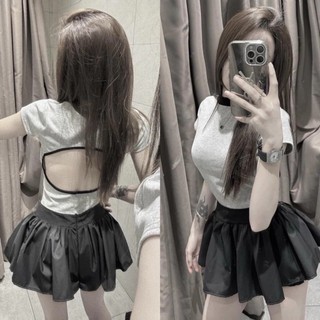 Set áo thun khoét lưng mix chân váy xoè chất cotton mềm mịn nữ tính