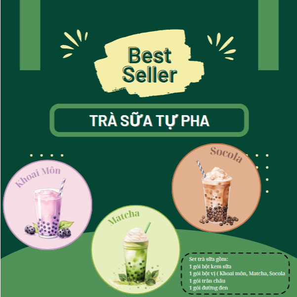 Set trà sữa tự pha tại nhà - Trà sữa Socola, Matcha, Khoai môn ( Set 10 cốc )