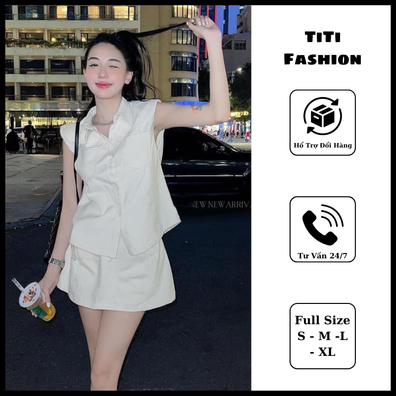 Set Kaki Trắng Kem Chân Váy Chữ A Kèm Thắt Lưng Trẻ Trung. TiTi Fashion