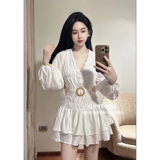 Đầm, đầm vải đũi mềm xẻ eo