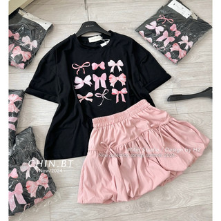 Set áo nơ mix chân váy hồng