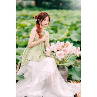 Set yếm gấm hoa TKCC cổ đính đá cv tầng