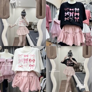SET 2 món áo phông nơ xinh mix chân váy xòe bí ngô hồng đính nơ SET131, set đồ nữ đi chơi, đi biển