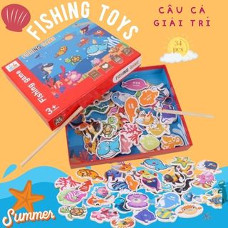 Bộ đồ chơi câu cá gỗ nam châm 34 sinh vật biển, trò chơi câu cá vui nhộn 2 cần câu cho bé vui chơi