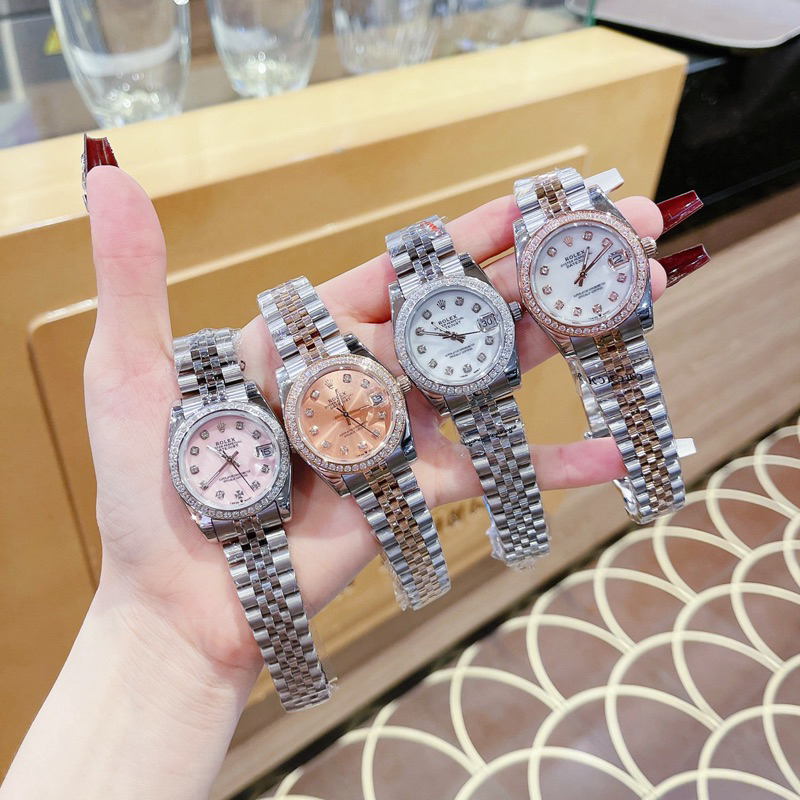 Đồng hồ Rolexxx nữ cao cấp máy (Quartz) Pin mặt tròn siz 31mm đính đá dây kim loại