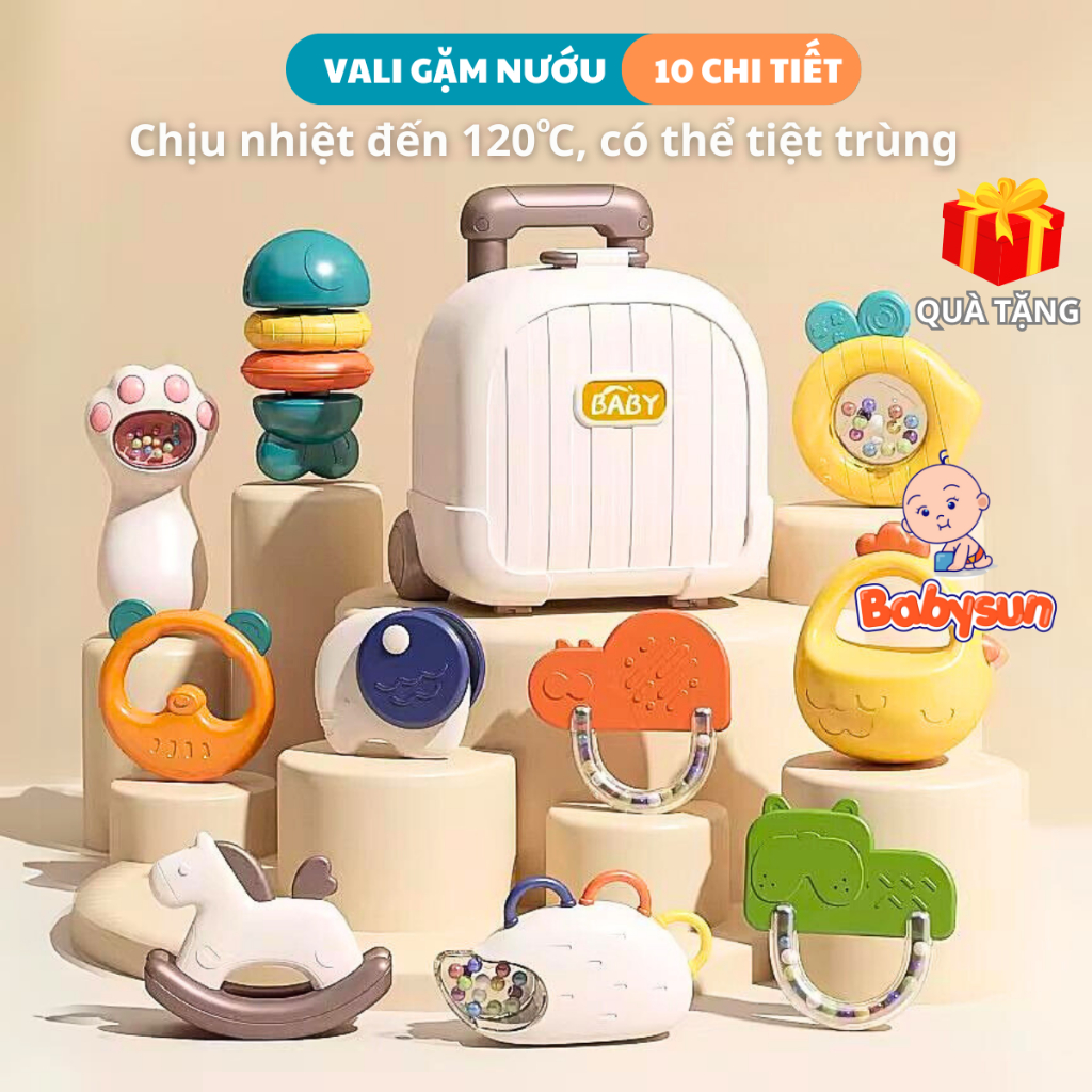 Gặm nướu cao cấp cho bé BABYSUN ,10 món đồ chơi xúc xắc bằng silicon hình động vật, hộp đựng vali kéo dễ thương cho bé