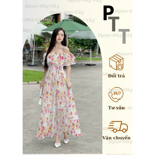 Váy maxi hoa trễ vai đi biển mùa hè cỡ đại
