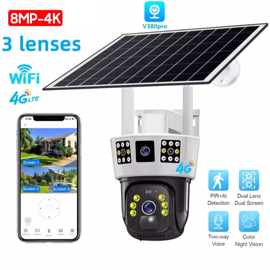 Camera Năng Lượng Mặt Trời Sim 4G  VStarcam 3 Mắt Xem 3 Khung Hình 360 Độ 8MP 4K PTZ Camera Ngoài Tr