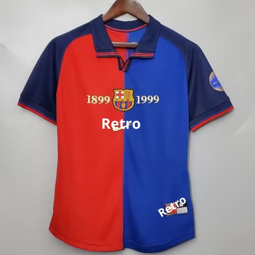 Áo bóng đá retro barca 1999 đỏ xanh vải Cotton Polyester thời trang blockcore