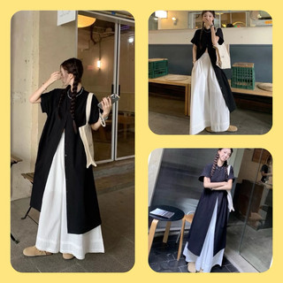 Set đầm sơmi đen quần ống rộng