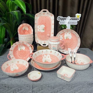 Bộ bát đĩa sứ decor, Chén dĩa dễ thương, Bát ăn cơm, Bộ chén dĩa hoạ tiết thỏ ôm dâu hồng siêu xinh sét 10 món