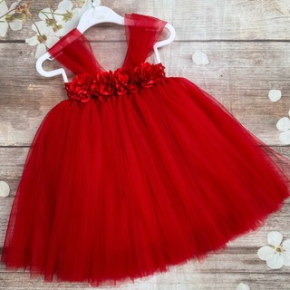 Váy đỏ cho bé gái hoa 4 bông size 1 tháng đến 10 tuổi
