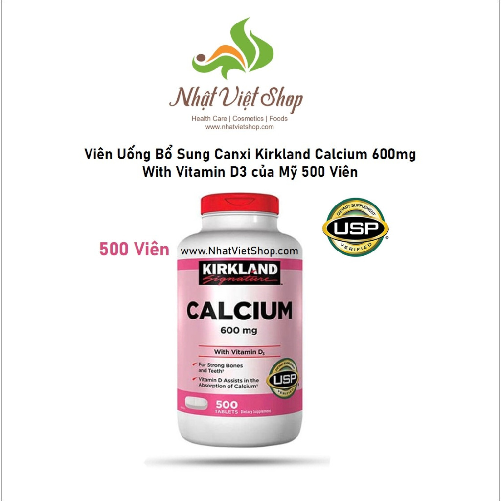 Viên Uống Bổ Sung Canxi Kirkland Calcium 600mg With Vitamin D3 của Mỹ (500 Viên)