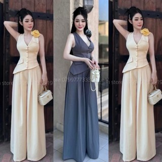 Sét bộ áo vets thiết kế tà xéo sát nách Mix quần ống rộng  chất tuyết mưa mặc cực kì tôn dáng