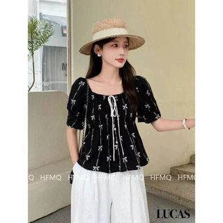 Áo sơ mi cổ vuông tay ngắn bồng họa tiết nơ nhỏ