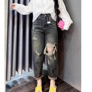 Quần jean Baggy nữ lưng chun phom lửng QC,Quần boy lưng chun cạp cao