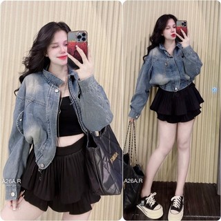 Áo khoác jean nữ croptop lai bo chun ,áo khoác bò kéo khoá đắp túi tay bồng dáng lửng hot -ak856
