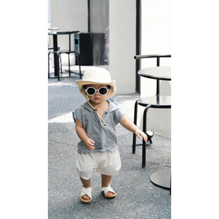 Nanci room - set áo caro xanh và quần trắng linen