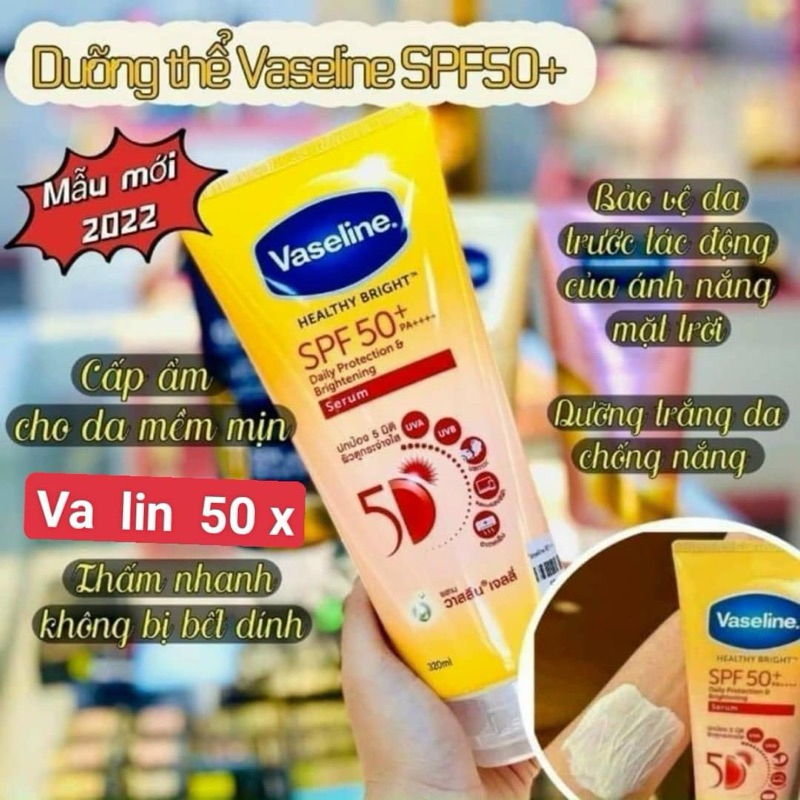 Kem Dưỡng thể chống nắng Vaseline 50X Healthy Bright SPF50+ PA+ hàng chuẩn Thái Lan tuýp 300ml