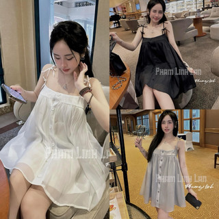 Set váy tơ xốp 2 dây đính nơ dáng babydoll hàng 2 lớp kèm quần đùi 3 màu
