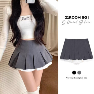 V38 [LOẠI 1] Chân Váy Nữ Xếp Ly 21ROOM Viền Trắng Khóa Kéo 2 Lớp Dày Dặn, Chân Váy Nữ Dáng Xòe Hàn Quốc Màu Đen, Ghi