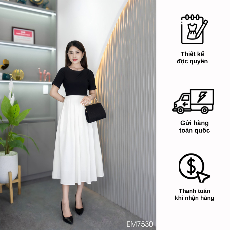 Đầm EMY EM7530 Xoè Phối Đen+Trắng
