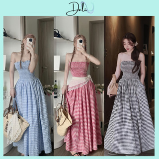 Đầm Maxi Kẻ Caro Cup Nguc Bo Chun Dáng Dài Xoè Sang Chảnh Hack Dáng Chất Liệu Thô