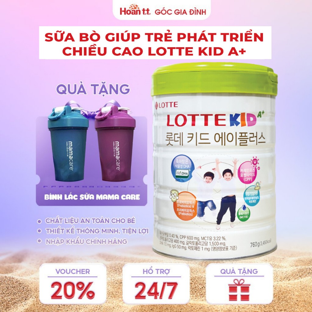 Sữa Bò Lotte Kid A+ Giúp Phát Triển Chiều Cao Lon 760g - Sữa Bột Bổ Sung Canxi Giúp Ổn Định Hệ Tiêu Hóa Của Bé