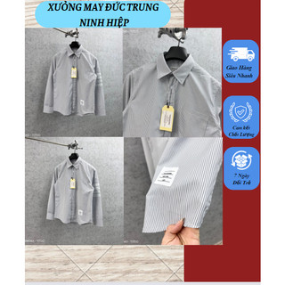 Áo sơ mi thom thời trang màu xám họa tiết kẻ sọc caro caro 4 sọc trắng tay áo