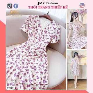 V4811 Váy trắng hoa hồng tím dáng body đuôi cá đầm hoa nhí dáng ôm đuôi cá ngắn nữ tính
